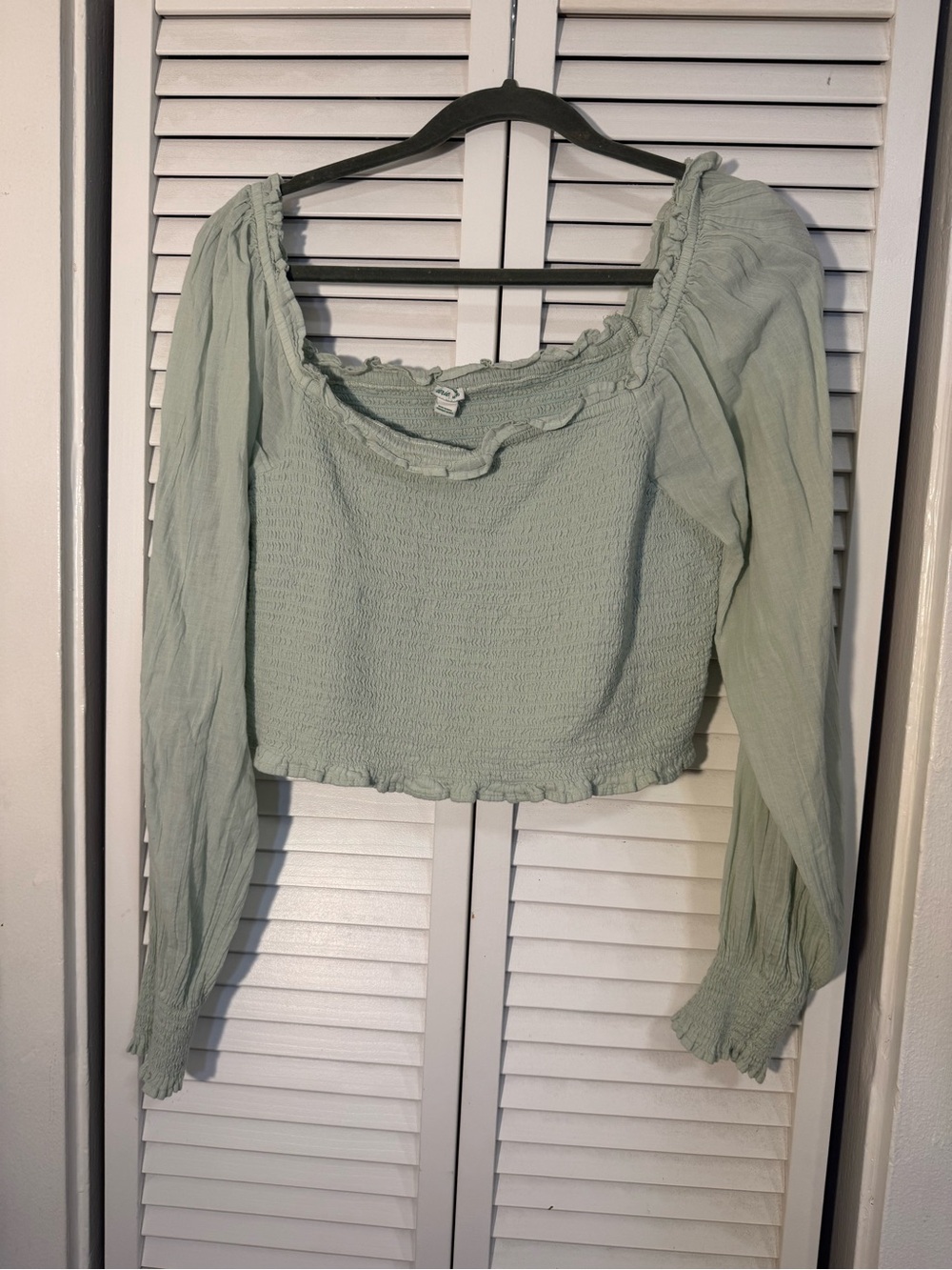aerie Sage Green Smocked Square-Neck Long Sleeve Crop Top